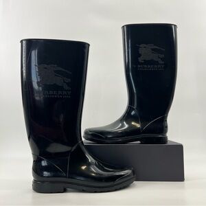 Burberry Rain Boots Womens US 8 Size 38 Black Big Horse Knight Logo